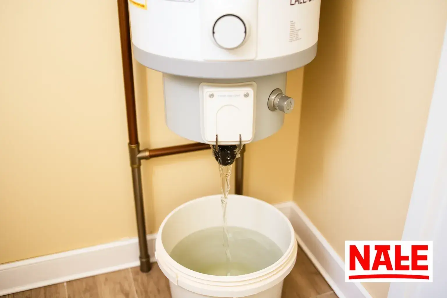 Un seau placé sous un ballon d'eau chaude qui fuit.